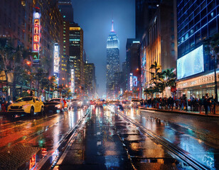 A busy urban street at night with skyscrapers lit up and traffic moving below. Neon signs, t
