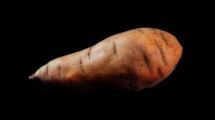 A single sweet potato with a rough, textured skin on a black background.