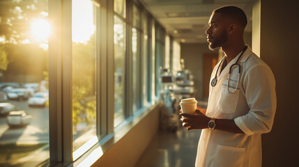 Doctor in white coat standing by hospital window holding coffee cup, sunlight illuminating hallway, medical professional concept