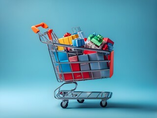 small shopping cart and gift box on blue background with copy space.

