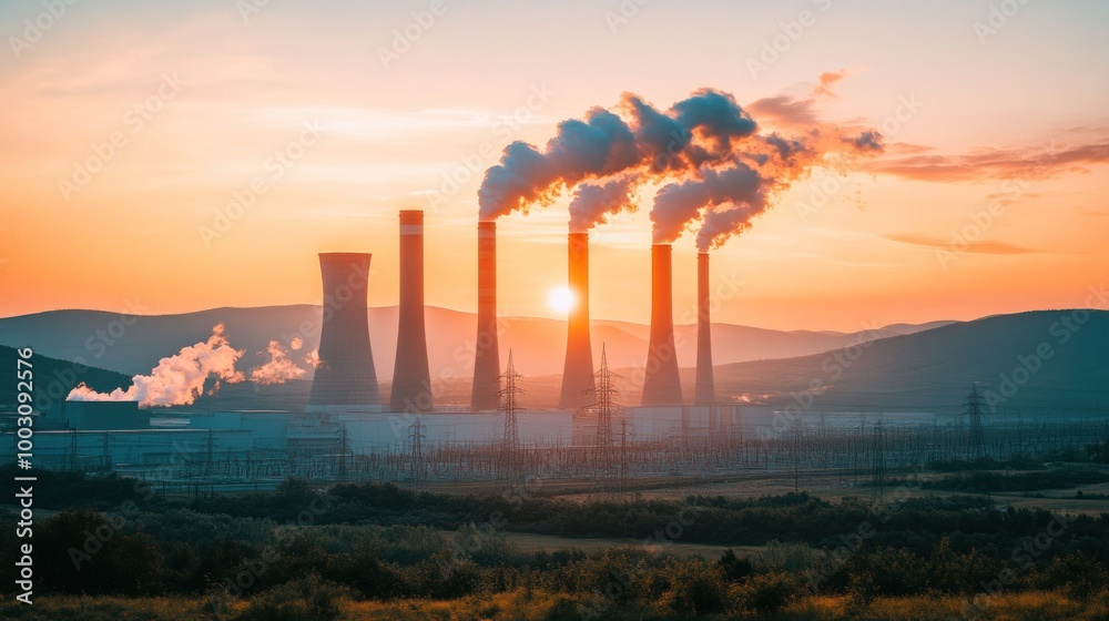 Poster Industrial landscape at sunset with smokestacks emitting steam and smoke.