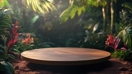 A serene forest scene featuring a wooden platform surrounded by lush plants and flowers.