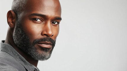 Confident mature man with salt-and-pepper beard, looking serious, close-up portrait, side view, professional, serious expression concept