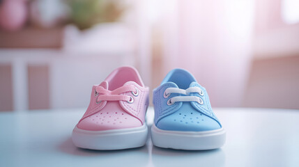 Baby shoes, pink and blue, on white table, representing gender, soft sunlight, baby footwear concept