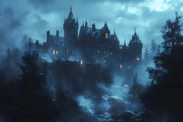 Fototapeta premium A haunting gothic castle shrouded in fog on a spooky night. Generative AI