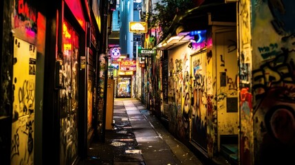 A vibrant urban alleyway filled with colorful graffiti and neon lights.