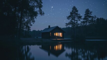 Obraz premium A tranquil night scene of a cabin by a lake under a starry sky.