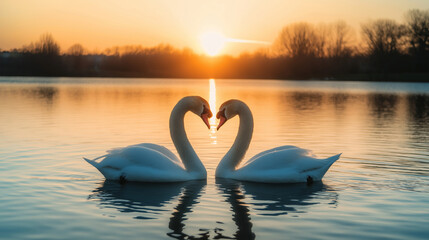 Fototapeta premium Romantic swans in sunset light, heart-shaped necks, tranquil lake, warm glow, nature beauty, love symbol, serene scene, atmospheric, sunset concept