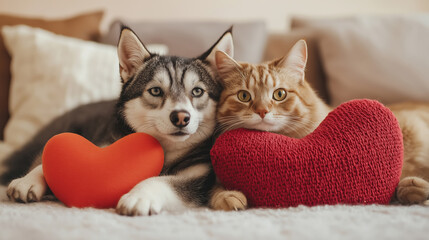 Cozy scene, husky dog and ginger cat laying with hearts, showing friendship, bonding concept