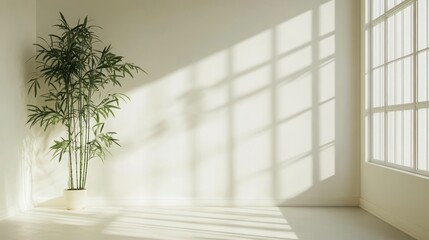 A serene indoor space featuring a plant and sunlight casting shadows on the wall.
