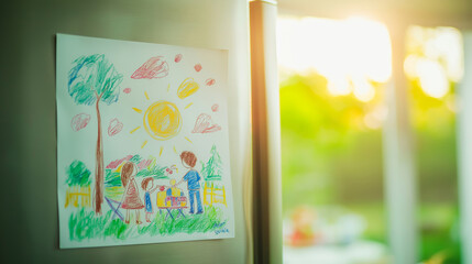 Fototapeta premium Children's drawing on fridge, sunny landscape, family picnic, colorful artwork, child's artwork concept
