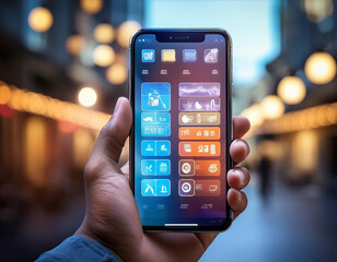 A close-up of a hand holding a smartphone, with a bright, user-friendly app interface displa