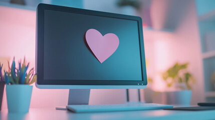 Computer screen with pink heart in soft pastel home office, calm atmosphere, modern workspace, love concept