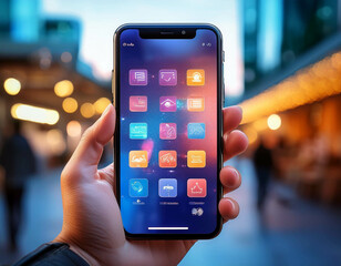 A close-up of a hand holding a smartphone, with a bright, user-friendly app interface displa