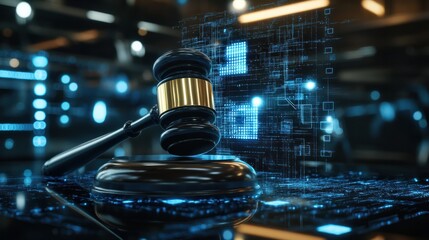 A courtroom gavel in a modern digital jurisdiction concept, AI and digital technology challenges with legal compliance