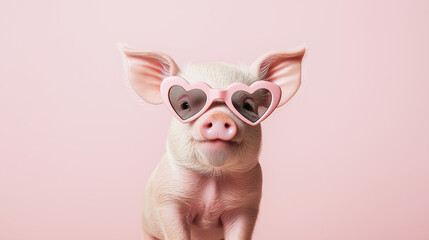 Naklejka premium Adorable piglet wearing pink heart-shaped sunglasses on pastel background, cute farm animal fashion concept