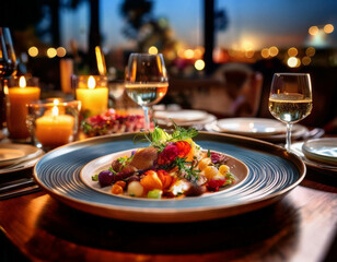 A close-up of a plate of gourmet food in a fine dining restaurant. The dish is artfully arra