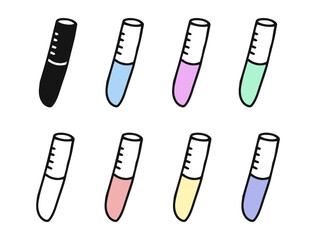 Set of laboratory test tubes featuring colored illustrations, black silhouette, and black outline versions. Isolated on white background. Concept of science, research, chemistry, laboratory equipment.