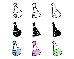 Set of laboratory flask icons with colored versions, black silhouettes, black outlined flasks with liquid, isolated on white background. Concept of science, chemistry, lab equipment. Design elements.
