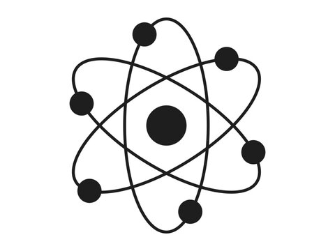 recommend clip art: Black silhouette of an atom with orbiting electrons isolated on a white background. Concept of science, physics, atomic structure, minimalism. Icon, symbol, design element.