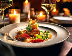 A close-up of a plate of gourmet food in a fine dining restaurant. The dish is artfully arra