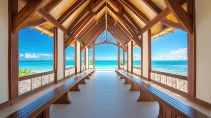 Fototapeta premium A serene wooden structure overlooking a tranquil ocean view with benches for relaxation.