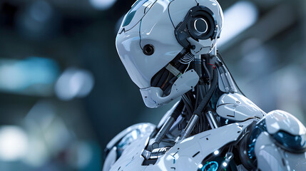 Fototapeta premium Futuristic humanoid robot in a tech lab showcasing advanced robotics technology. Generative by AI