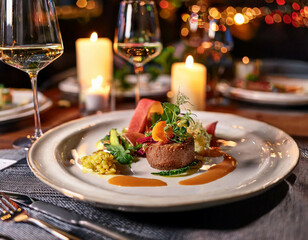 A close-up of a plate of gourmet food in a fine dining restaurant. The dish is artfully arra