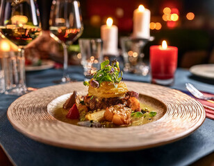 A close-up of a plate of gourmet food in a fine dining restaurant. The dish is artfully arra