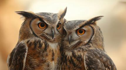 Fototapeta premium Closeup of two Eurasian eagle owls with striking orange eyes, detailed feathers, and expressive faces, wildlife nature concept