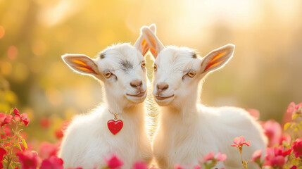 Obraz premium Cute baby goats with heart pendant, standing in vibrant flower garden, enjoying sunny day, animal friendship, innocence concept