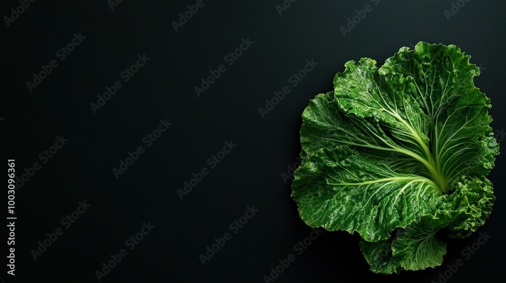 Poster A fresh, vibrant green lettuce leaf on a dark background, emphasizing its natural beauty.