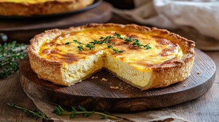A delicious cheese tart with a slice removed, garnished with fresh thyme on a wooden board.