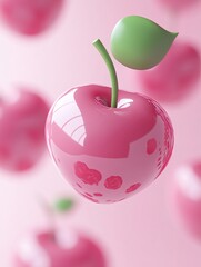 Obraz premium Glossy pink cherry with heart designs on pastel pink background, vibrant colors, sweet aesthetic.