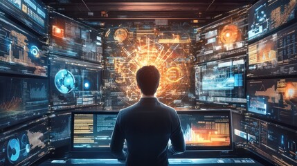 A professional analyzing data with multiple screens displaying intricate digital graphics and information technology concepts.