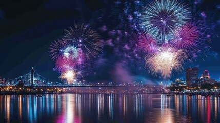 Fototapeta premium A spectacular display of fireworks illuminating the night sky over a city