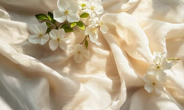 Aesthetic boho wedding textile background, draped neutral beige linen fabric texture with an absrtact floral sunlight shadows Video
