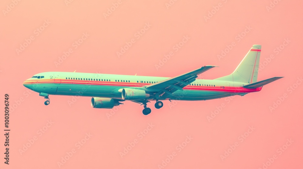 Poster A commercial airplane flying against a pastel-colored sky.