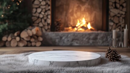 A cozy indoor scene featuring a marble display surface near a warm fireplace.