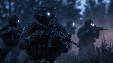 A stealthy night operation by modern special forces, equipped with night vision goggles and moving silently through a hostile environment, illustrating the precision