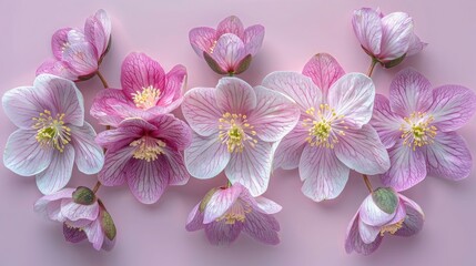 Hellebores flowers on soft color background, romantic feminine composition, wedding invitation concept.