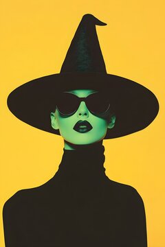 Young woman with green skin wearing witch costume isolated on yellow background. Green witch. Halloween celebration and carnival party concept. Witchcraft fashion.