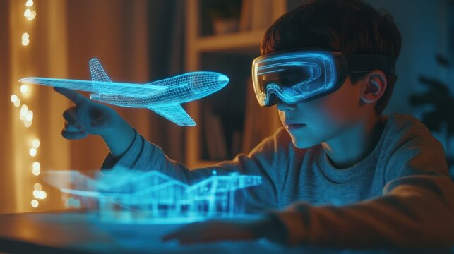 A young boy wearing augmented reality goggles at home controls a holographic model of an aeroplane using gestures. VR education, spatial computer concept