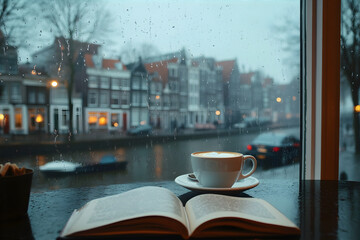 Coffee in a cup with latte art on a table in a coffee shop against the backdrop of rainy weather outside the window. 
