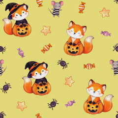Seamless Halloween pattern featuring foxes, pumpkins, witch hats, candies, mice, and stars in a whimsical, festive design. Perfect for autumn decorations, fabric, packaging, and seasonal party themes 
