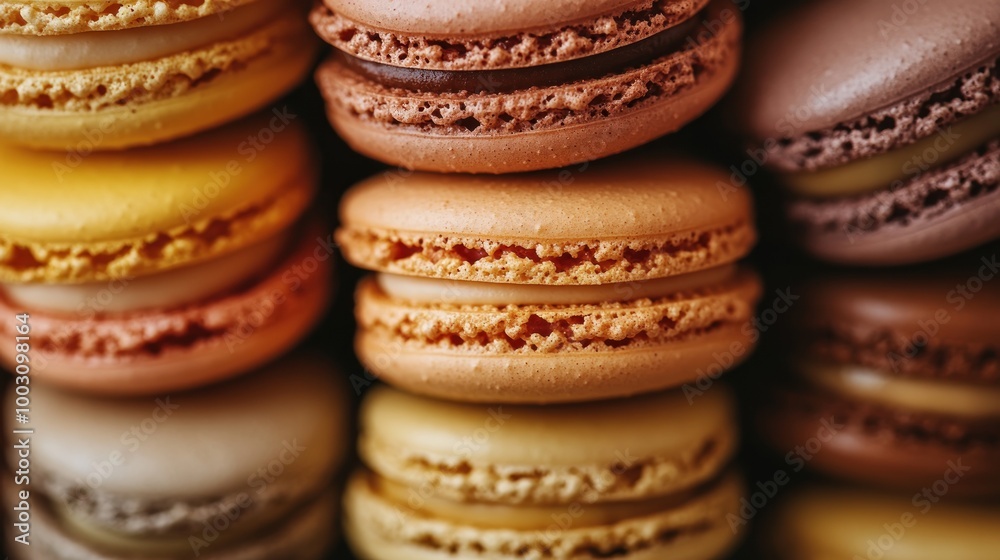 Poster A colorful assortment of macarons stacked together, showcasing their delicate textures and hues.