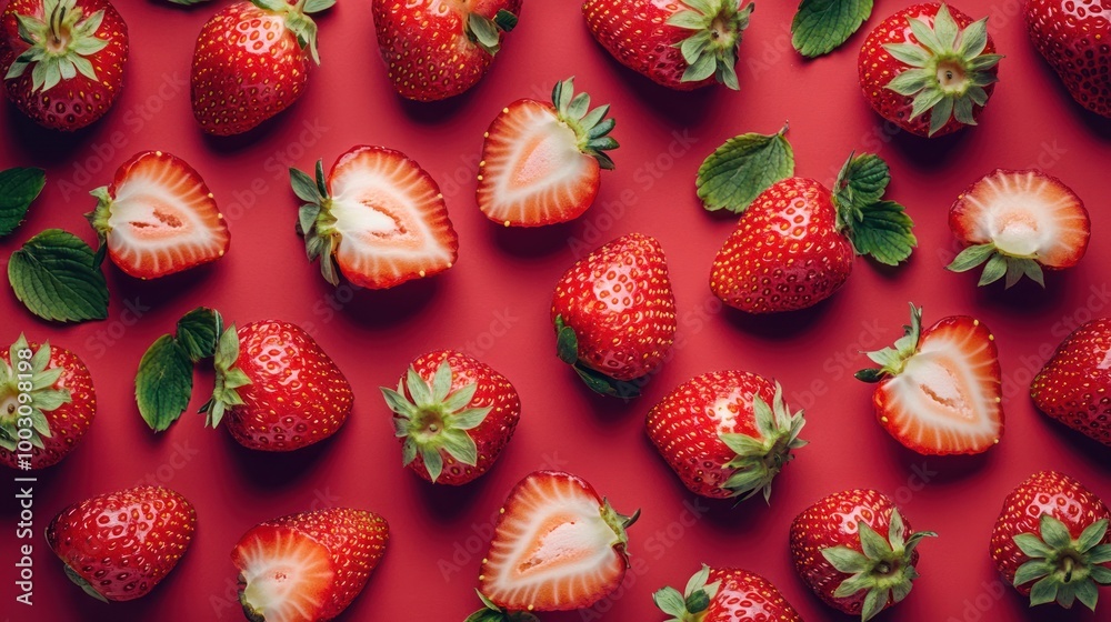 Poster A vibrant arrangement of whole and halved strawberries on a red background.