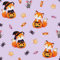 Fototapeta premium Seamless Halloween pattern featuring foxes, pumpkins, witch hats, candies, mice, and stars in a whimsical, festive design. Perfect for autumn decorations, fabric, packaging, and seasonal party themes 