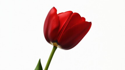 A vibrant red tulip against a white background, showcasing its delicate petals and stem.