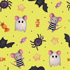 Seamless Halloween pattern featuring foxes, pumpkins, witch hats, candies, mice, and stars in a whimsical, festive design. Perfect for autumn decorations, fabric, packaging, and seasonal party themes 